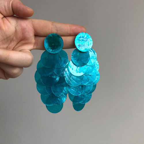 法式贝壳蓝色片片流苏耳环耳钉女