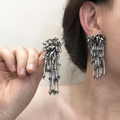 fever同款 银烟灰色烟花流苏耳环女复古长款 耳钉高级感串珠耳饰