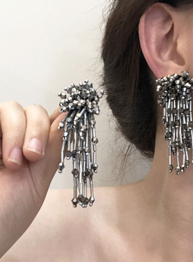 fever同款银烟灰色烟花流苏耳环女复古长款耳钉高级感串珠耳饰