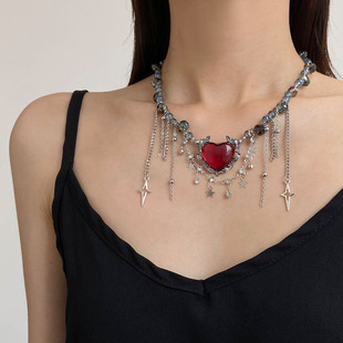 不规则水晶碎石红色爱心星星十字架项链女辣妹小众Y2K锁骨链颈链