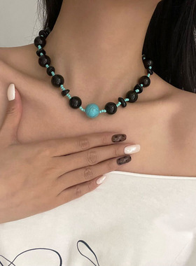 黑蓝时尚串珠小众天然绿松石项链