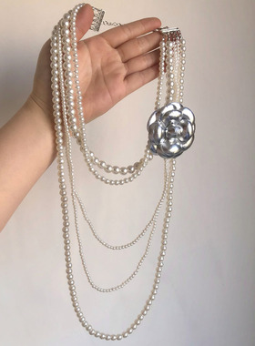 山茶花珍珠多层项链长款毛衣链