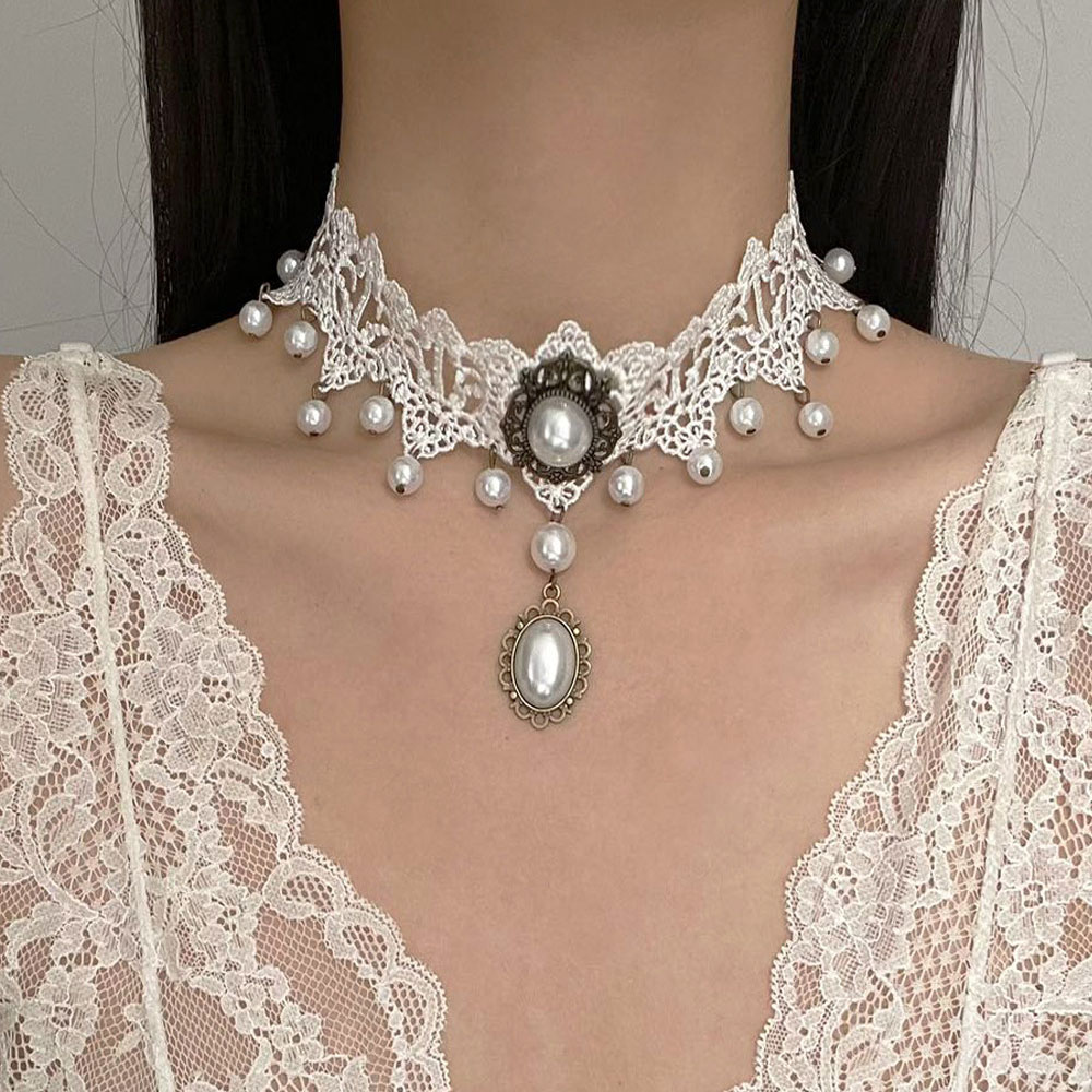 复古暗黑风哥特式choker白色蕾丝新娘项链女人造珍珠流苏锁骨颈链