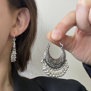 vintage复古月牙圆珠流苏耳环耳坠女小众民族风文艺气质耳饰