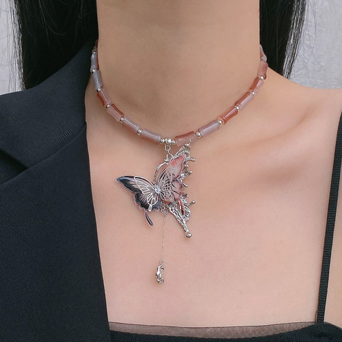水晶串珠女蝴蝶锁骨链项链
