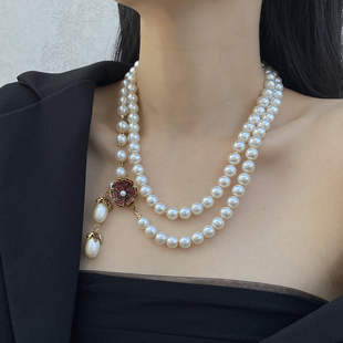 镶钻红花朵珍珠长款串珠毛衣链女轻奢高级感高档叠戴多层项链配饰