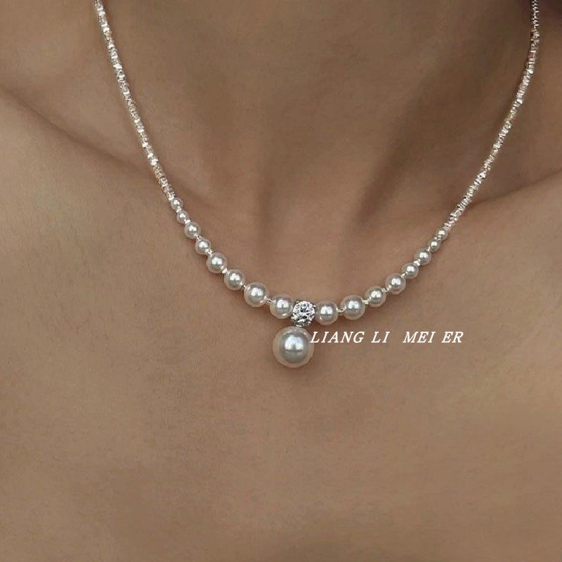 细闪拼接女锆石珍珠碎银子项链