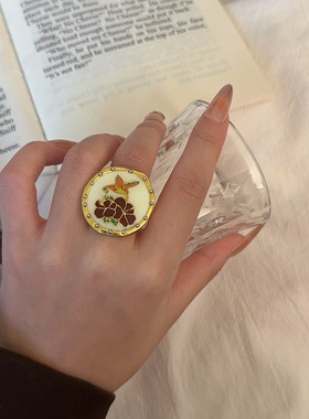 中古珐琅滴油几何圆形开口戒指女