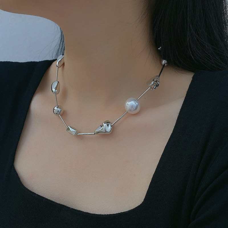 金属拼接女不规则珍珠金属块项链