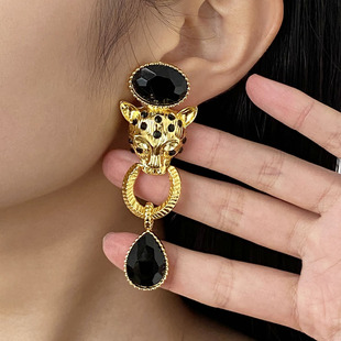 中古vintage黑钻老虎几何水滴耳环耳钉女金属耳环夸张大气长耳饰
