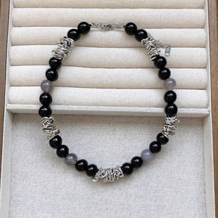 不规则荆棘项链黑色玛瑙天然石拼接串珠锁骨链小众设计感项链