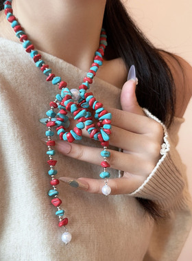 复古人造绿松石拼色蝴蝶结项链