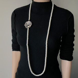 满钻镂空山茶花朵珍珠长款多层叠戴项链颈链女礼服时尚气质毛衣链