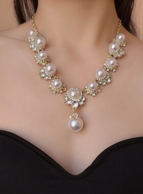 法式超闪镶钻珍珠圆形锁骨项链女