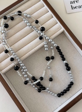 黑色串珠珍珠项链多层长款毛衣链