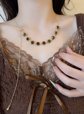 复古美拉德香槟钻项链抽拉可调节