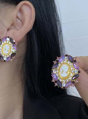 法式紫色镶钻人像几何椭圆耳钉耳环文艺复古气质个性设计耳饰