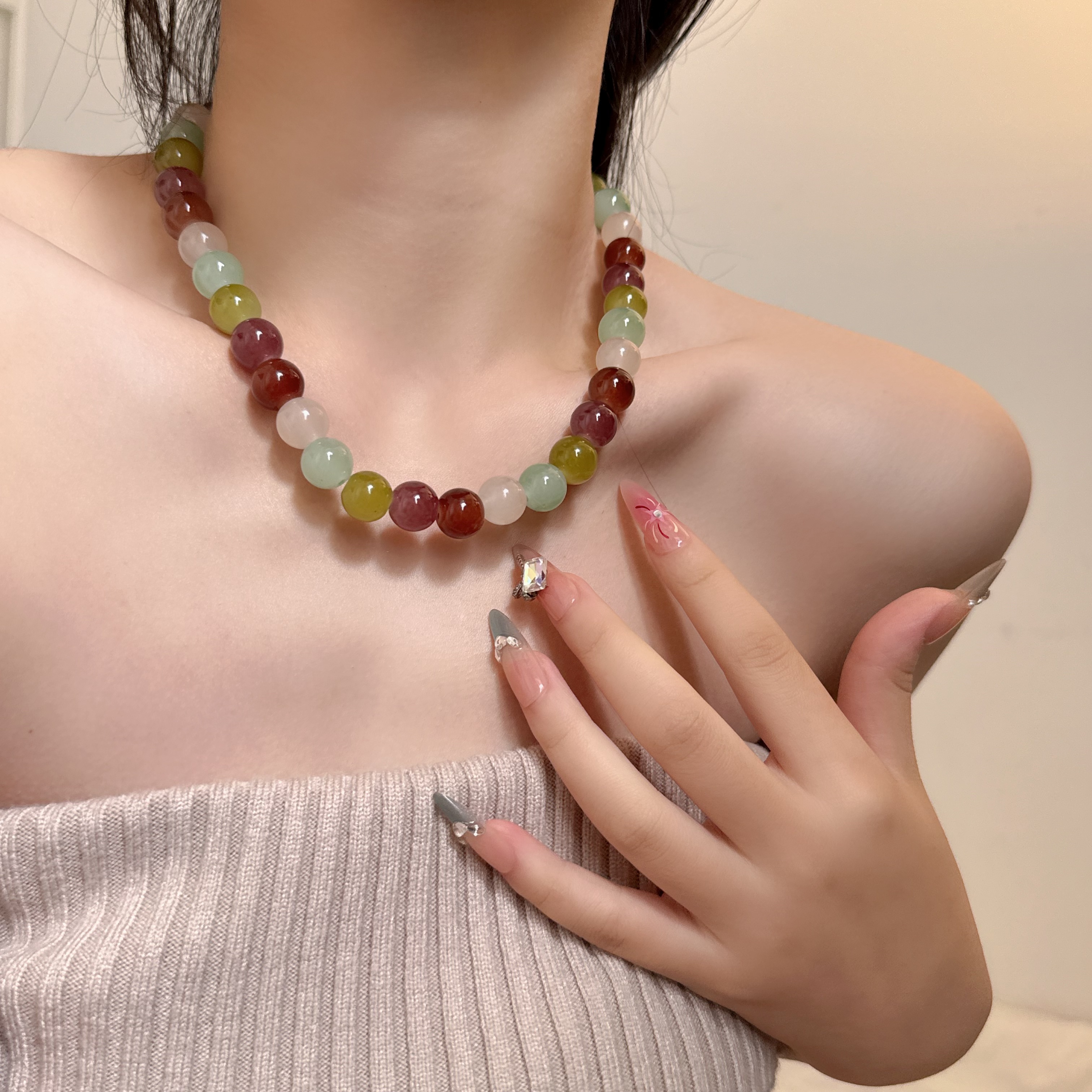 彩色多巴胺天然石串珠项链女新款甜美果冻色锁骨链复古颈链配饰