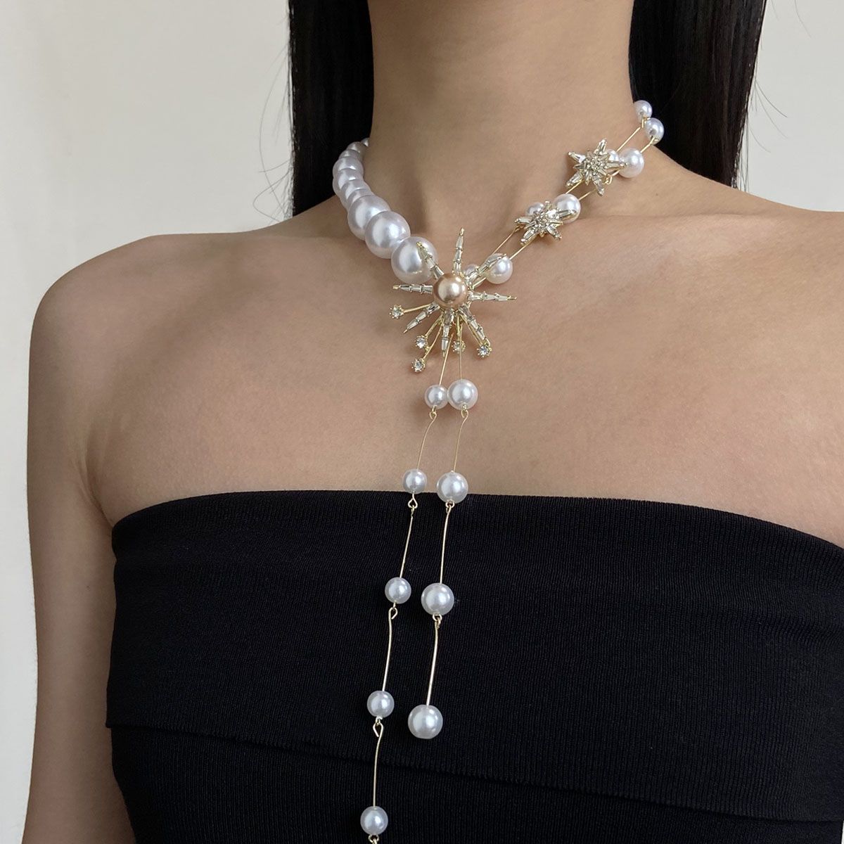 闪钻微镶星星珍珠流苏拼接项链