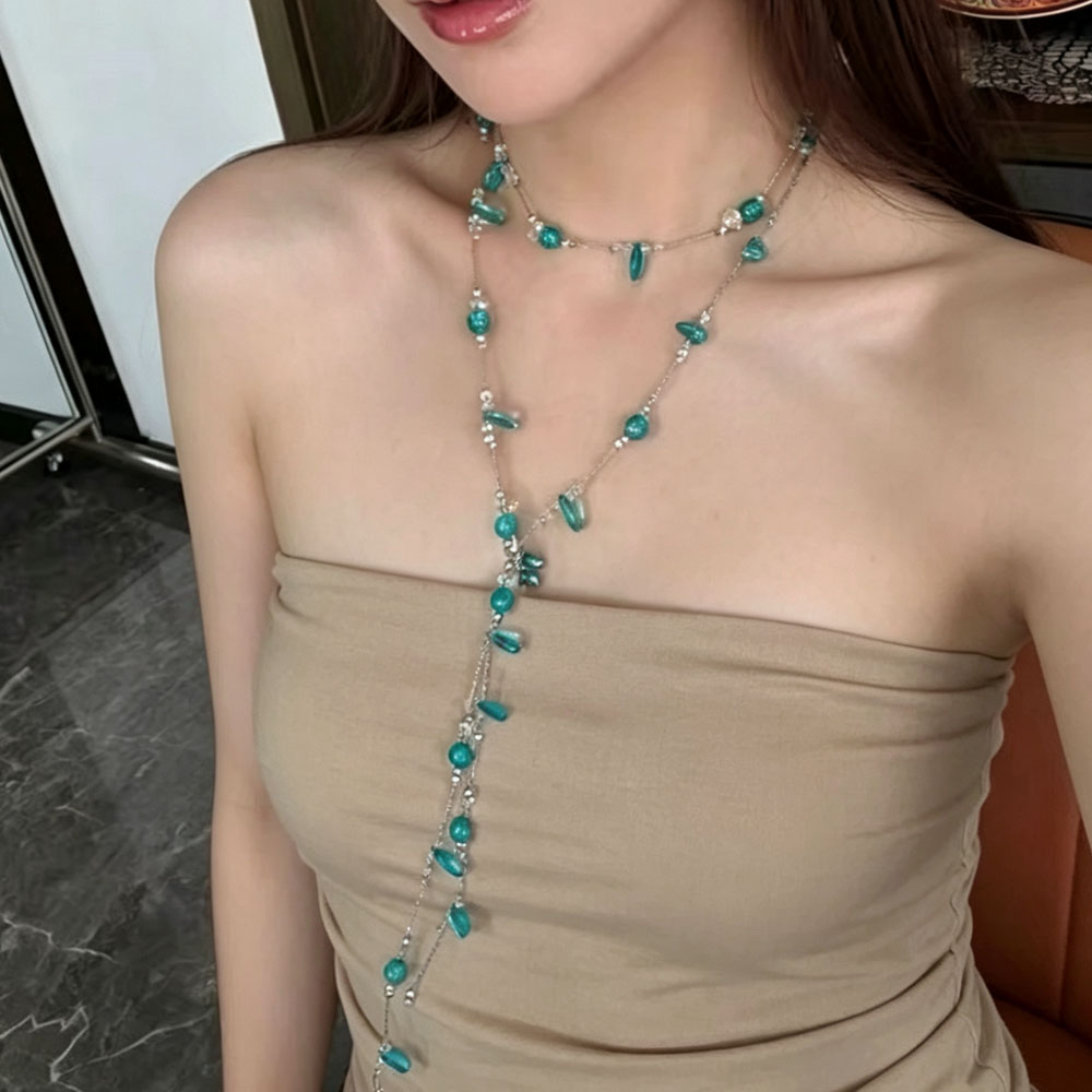 清爽蓝色不规则水晶串珠项链女海边度假风长款叠戴锁骨链气质颈链