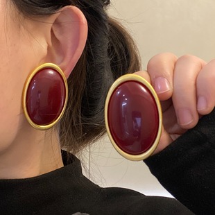 欧美夸张椭圆酒红树脂大耳钉轻奢复古港风高级感无耳洞耳夹耳环