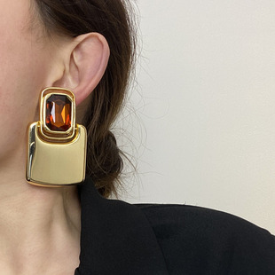 夸张镜面金属简约几何方块耳钉耳环女复古镶钻水晶走秀黄铜金耳饰