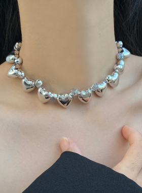 金属串珠水晶女立体爱心锁骨项链