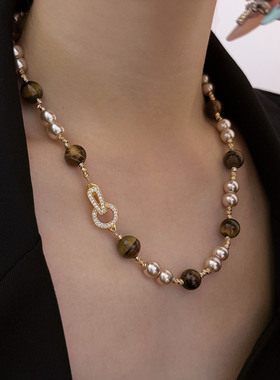 美拉德天然虎眼石拼接串珠项链女独特微镶闪钻毛衣链轻奢2025新款