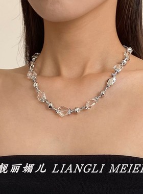 不规则异形水晶珍珠金属球项链女