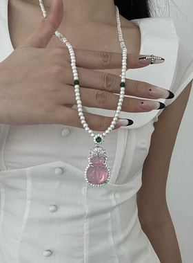 新中式风粉色玉钱袋子吊坠项链女