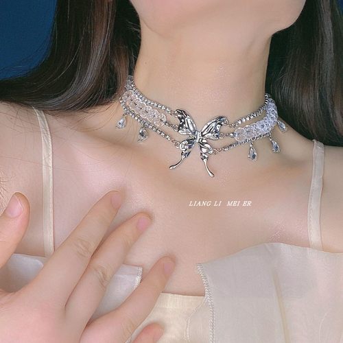 金属多层女水晶镶钻流苏项链