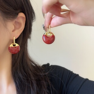 港风高级感红色滴油圆圈耳扣耳环小众设计复古几何耳饰2025新款女