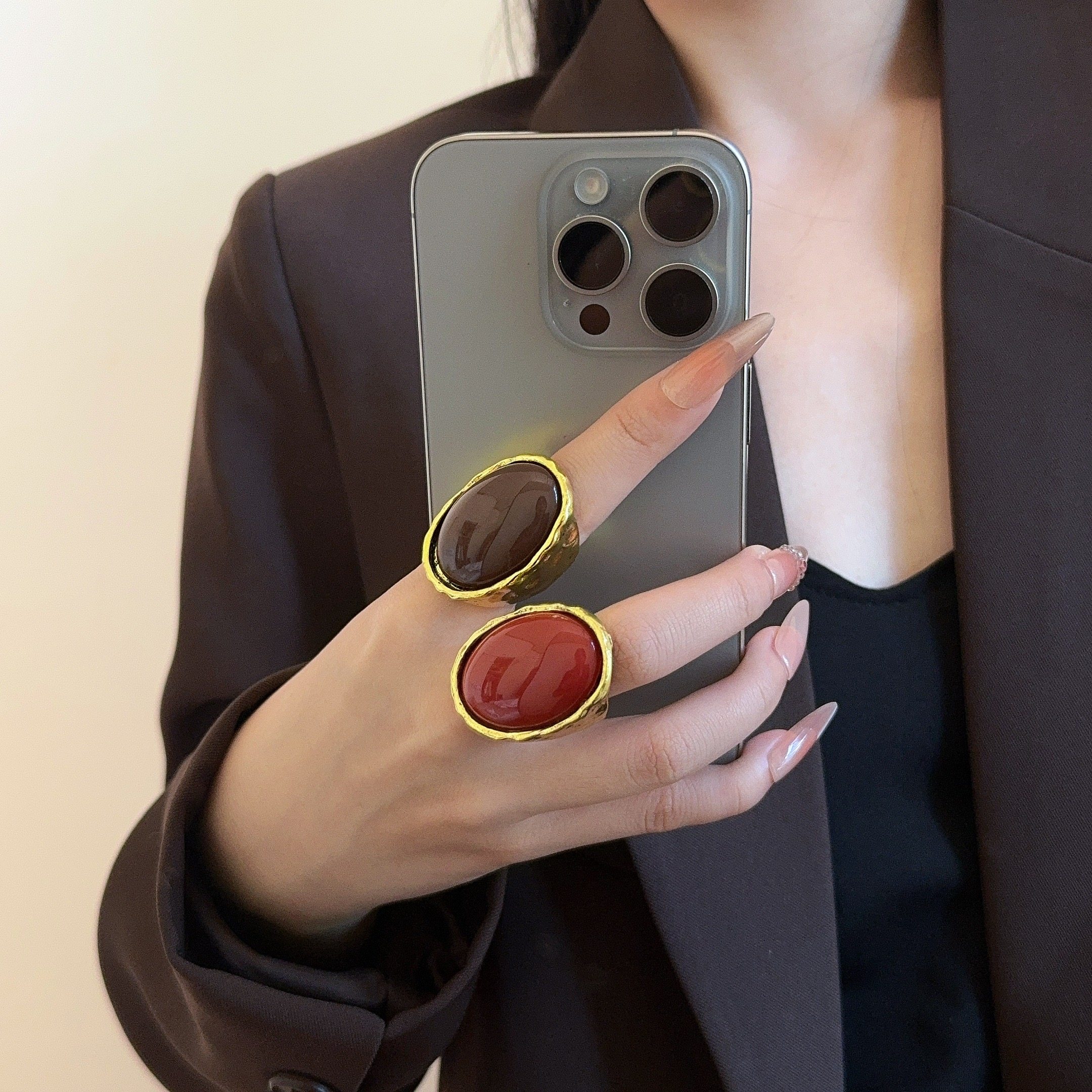 欧美法式小众设计夸张椭圆棕红宝石树脂开口戒指女中古复古潮指环