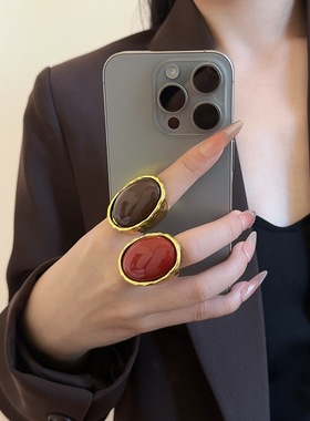 夸张椭圆棕红宝石树脂开口戒指女