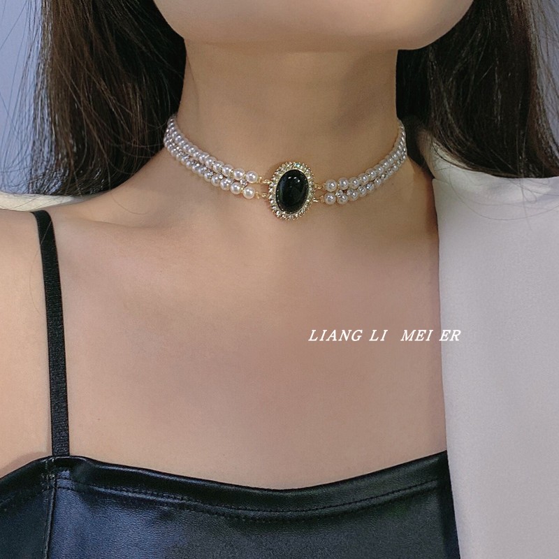 金属珍珠多层女镶钻宝石串珠项链