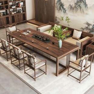 新中式实木泡茶桌宋氏美学风办公茶室茶台胡桃木罗汉床茶桌椅组合