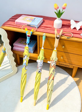 可爱海绵龙猫狮子木头弹弓手柄儿童学生长柄伞黑胶防晒晴雨两用伞