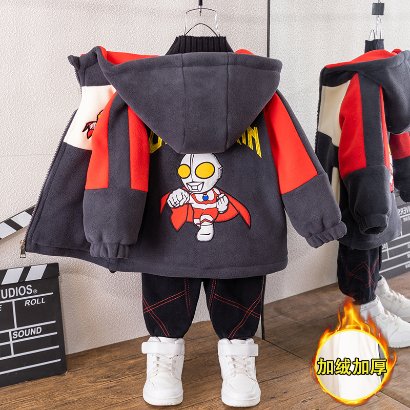 男童加绒外套春秋季洋气2025新款宝宝冬装奥特曼衣服儿童加厚棉服