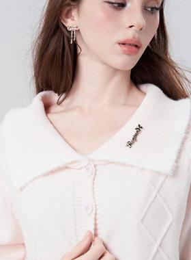 N6G8粉色大翻领针织开衫毛衣