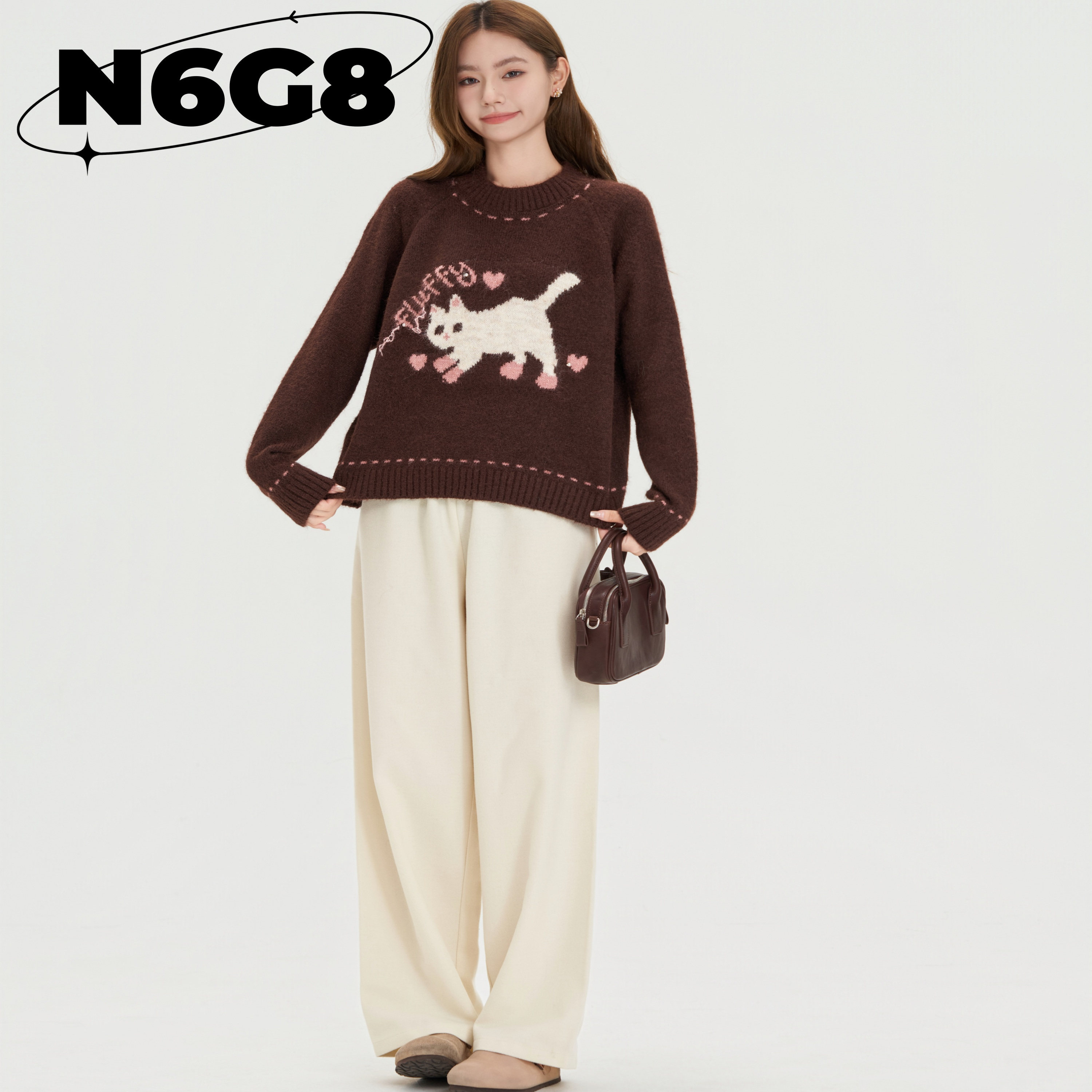 N6G8加厚棕色靴子猫套头毛衣