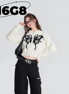 N6G8美式辣妹蝴蝶刺绣拉链连帽毛衣女