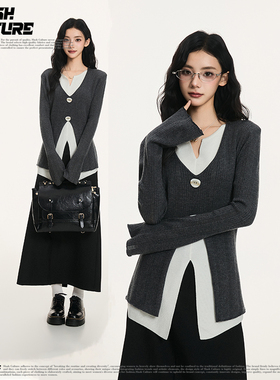 SLASH灰色假两件V领羊毛针织衫女士2026新款修身显瘦撞色打底上衣
