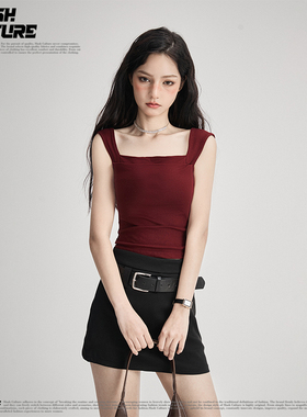 SLASH 韩系甜酷风酒红方领吊带女修身显瘦带胸垫内搭外穿美背上衣