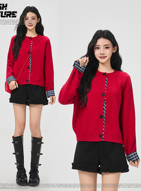 SLASH 氛围感新年红色毛针织衫女甜美减龄秋冬新款单排扣毛衣外套