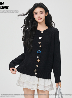 SLASH 甜酷风黑色不规则纽扣针织衫女宽松显瘦圆领插肩袖毛衣开衫