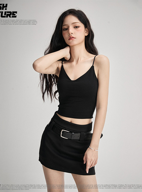 SLASH 甜酷风黑色V领吊带背心女修身显瘦带胸垫内搭外穿美背上衣