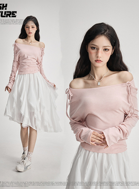 SLASH粉色甜美一字肩蝴蝶结长袖T恤女2026新款纯欲修身打底衫上衣