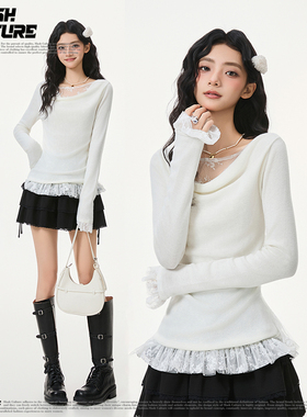 SLASH 温柔蕾丝拼接白色针织衫女一字领收腰百搭长袖打底内搭上衣