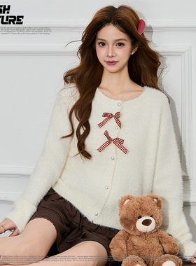 SLASH 韩系甜美风奶白仿貂毛蝴蝶结毛衣女宽松显瘦珍珠扣针织开衫