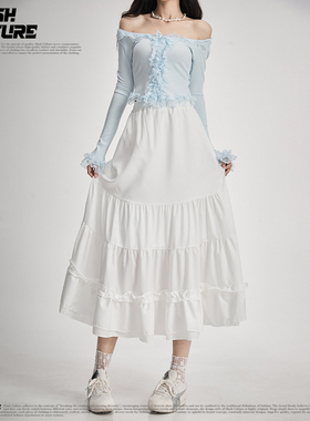 SLASH 温柔风白色多层蛋糕半身裙女士荷叶边拼接中长款A字大摆裙